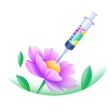 A syringe filled with vibrant colors is positioned above a blossoming flower. The flower features intricate petals in shades of pink, purple, and yellow. The syringe is angled downward, with colors visibly flowing from the needle into the center of the flower. Surrounding the flower are green leaves that enhance the contrast of the bright colors being injected. The background is softly blurred to keep the focus on the flower and the syringe.