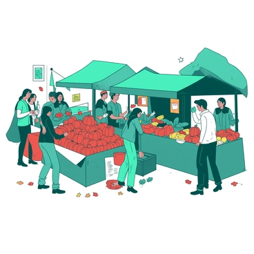 A teal farmers market is filled with people interacting and browsing various stalls. Each stall is overflowing with red pumpkins of different sizes, bright red apples, and an assortment of fall produce such as yellow corn and green squash. Some shoppers are examining the produce while others are chatting with the vendors. Colorful banners and decorations adorn the stalls, creating a vibrant atmosphere. The ground is covered with fallen orange leaves, adding to the autumnal feel of the scene.