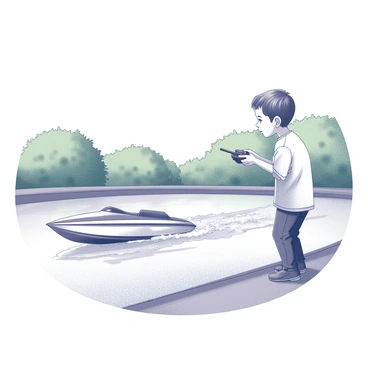 A child is standing at the edge of a park pond. The child is holding a remote control with both hands, focused on directing a speedboat that is gliding across the water's surface. The speedboat is sleek and has a streamlined design, creating small ripples in the water as it moves. In the background, there are green bushes and trees surrounding the pond, providing a natural setting. The sky is clear, contributing to a bright atmosphere. The child shows excitement as they maneuver the boat, with a look of concentration on their face.