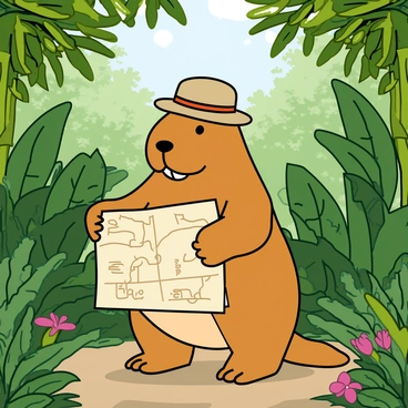 A capybara with brown fur is standing in a lush green jungle. It is wearing a small, beige explorer hat perched atop its head. In its front paws, the capybara is holding an unfolded map, displaying various markings and paths. Surrounding the capybara are tall tropical plants with large leaves, and a few colorful flowers can be seen peeking through the foliage. Sunlight filters through the canopy above, casting dappled shadows on the ground. The scene captures the adventurous spirit of the capybara in its vibrant jungle habitat.