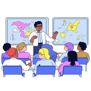 A male teacher stands at the front of a classroom, animatedly gesturing as he gives a lecture about ancient civilizations. He has short dark hair and wears glasses, and he is dressed in a button-up shirt with rolled-up sleeves. The classroom is filled with colorful maps pinned to the walls, depicting various ancient regions and landmarks. Desks are arranged in neat rows, and students can be seen paying close attention, some taking notes. A chalkboard behind the teacher features drawings and notes relevant to the lecture. The atmosphere is lively and engaging, with a sense of enthusiasm for learning.