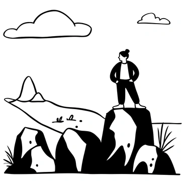 A silhouette of a man standing on a rocky outcrop, with a rugged landscape of moors extending in the background. The figure is posed confidently, with a long coat flowing in the wind. Jagged rocks and sparse vegetation surround the outcrop, suggesting a wild and untamed environment. The sky above is expansive, filled with billowing clouds, creating a dramatic atmosphere.