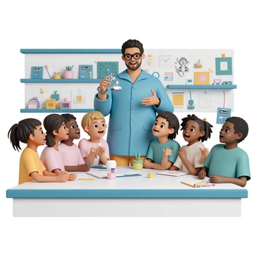A robotics trainer, wearing a blue lab coat and glasses, stands at a workbench in a bright tech lab filled with various tools and robot parts. The trainer is gesturing enthusiastically, holding a small robotic arm in one hand while demonstrating it to a group of excited children. The children, a mix of boys and girls, are sitting around the workbench, attentively watching with wide eyes and smiles. Some children have notebooks and pens, ready to take notes, while others are eagerly raising their hands to ask questions. The lab is equipped with shelves filled with gadgets, circuit boards, and colorful wires, enhancing the atmosphere of innovation and excitement.
