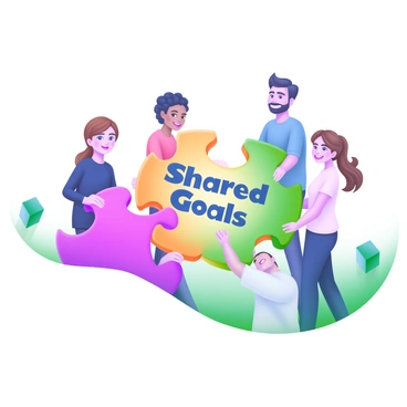 A modern pastel illustration featuring a diverse group of five people, each holding a large, colorful piece of a puzzle. The puzzle pieces come together to form the phrase "Shared Goals" in bold, friendly letters at the center. The individuals vary in gender and ethnicity, standing closely together, smiling as they fit their pieces into place. The background is soft and pastel-colored, enhancing the collaborative and positive atmosphere of the scene.