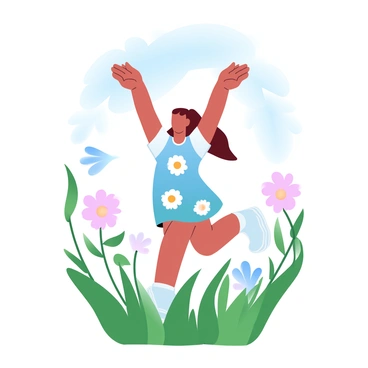 A girl is wearing a dress with a bright daisy print. She is standing in a field filled with tall green grass and colorful wildflowers. The sunlight casts a warm glow over the scene. The background features a blue sky with fluffy white clouds, and a gentle breeze is causing the flowers to sway. The girl has her arms raised playfully, creating a sense of joy and freedom.