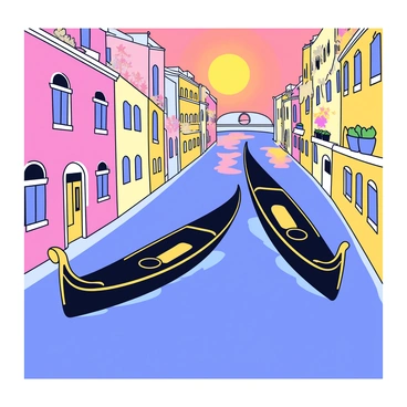 Gondolas are gliding smoothly through the narrow canals of Venice. The gondolas are painted in rich black with elegant gold accents. The water is reflecting warm hues of orange and pink from the sunset sky. Surrounding the canals are charming buildings with traditional Venetian architecture, featuring arched windows and colorful flower boxes. The scene captures an atmosphere of tranquility, with the gondolas gently swaying in the water.