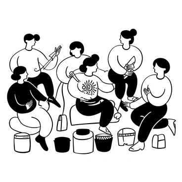 Guests gathered around a central figure, engaged in the process of applying intricate "haldi" designs using brushes. The participant is seated comfortably, surrounded by vibrant decorations. Each guest is focused on their task, with a brush in hand, showcasing varied patterns of "haldi" on the participant's skin. The atmosphere is lively, with containers of "haldi" paste placed nearby. Some guests are smiling, creating a sense of joyous celebration. The setting features traditional elements, enhancing the cultural context of the event.