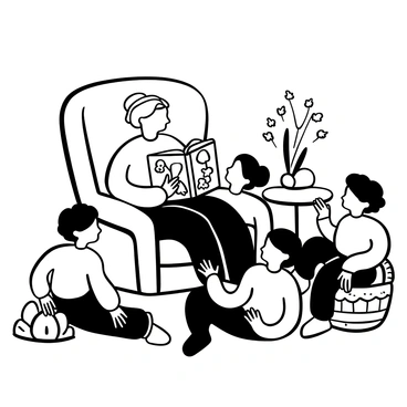 A grandmother reading an Easter storybook to children gathered around her
