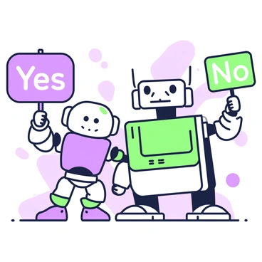 Two friendly robots are standing side by side in an open area. The first robot, on the left, has a smooth metallic surface and is holding a sign that says "Yes". The sign is brightly colored and prominently displayed. The second robot, on the right, features a more angular design and is holding a sign that says "No". Both robots have expressive eyes, conveying a sense of friendliness and engagement. The background features abstract shapes, enhancing the focus on the robots and their signs.