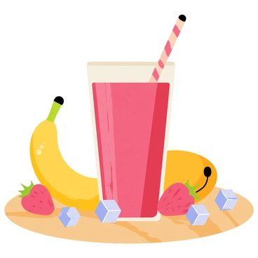 A clear glass filled with a vibrant fruit smoothie featuring blended strawberries, bananas, and mangoes. The glass is chilled, with condensation on its surface. Surrounding the glass are whole fruits, including a ripe banana, a few strawberries, and a bright orange mango. Small ice cubes are scattered around, glistening in the light. The scene is arranged on a wooden table, creating a fresh and inviting atmosphere.