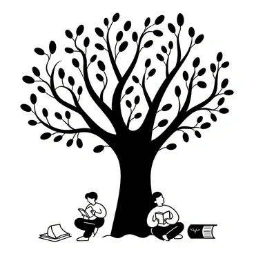 A large tree with a thick trunk and branches stretching wide, where the leaves are intricately shaped like pages from books, some fluttering slightly. Around the tree, several individuals are seated on the grass, engaged in reading. Each person holds a different book, deeply focused on their pages. A couple of books are scattered on the ground, partially open, with some pages turning in the breeze. The atmosphere conveys a sense of community and shared interest in literature.