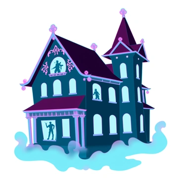 A Victorian-style house with ornate architectural details, featuring steep gabled roofs and intricate wooden carvings. The house has glowing windows, casting an eerie light that contrasts with the dark surroundings. Shadowy figures can be seen moving inside, their shapes indistinct and suggestive of haunting presences. The atmosphere is thick with a sense of mystery, as mist swirls around the base of the house, enhancing the ghostly ambiance.