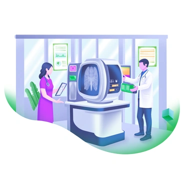 A high-tech clinic featuring a modern diagnostic machine in the center. The diagnostic machine has a sleek, streamlined design with illuminated screens displaying various health metrics. Surrounding the machine are three medical staff members, including a nurse in scrubs holding a tablet, a doctor in a white coat examining the machine, and a technician adjusting settings on a control panel. The clinic is bright and clean, with large windows allowing natural light to flood in, and medical charts hanging on the walls.