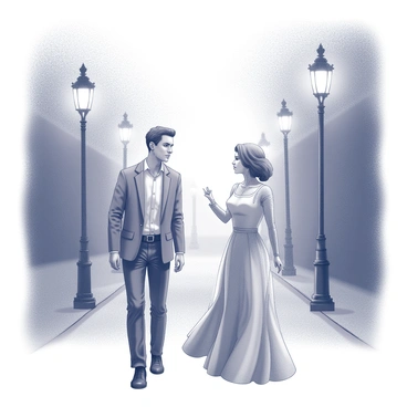 A man is walking along a dimly lit street enveloped in fog. The street is lined with period-style lampposts casting soft light, illuminating his figure. He is dressed in contemporary clothing, with a look of curiosity on his face. In front of him stands a woman, her attire reflects a different era, featuring a long flowing dress and vintage accessories. She appears ethereal, with a gentle expression, as if she has stepped out of a bygone time. The atmosphere feels surreal, suggesting a dreamlike quality to their encounter. The fog swirls around them, creating a sense of mystery and enchantment in the air.