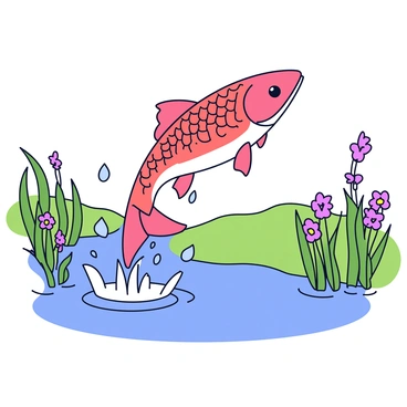A carp leaping out of a river, its shiny scales glistening in the sunlight. The fish is mid-air, with its body arched and water droplets flying around it, creating a dynamic splash. Below, the river flows gently, reflecting the vibrant green of the surrounding landscape. Tall grass and colorful wildflowers frame the scene, enhancing the natural beauty of the environment.