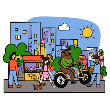 A frame from an animated film shows a vibrant city scene with tall buildings in the background. In the foreground, a light-skinned woman with big eyes and curly hair is walking her small dog, while a dark-skinned man with big eyes and a baseball cap rides a bicycle beside them. There are colorful market stalls lining the streets, selling various fruits and vegetables. People of different skin tones and styles are chatting and moving about, creating a lively atmosphere. A bright sun is shining in the clear blue sky above, casting dynamic shadows on the sidewalk.