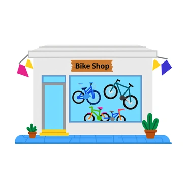 A bike shop storefront featuring a large glass window. Inside the window, multiple bicycles of various types are displayed, including a sleek road bike, a sturdy mountain bike, and a colorful kids' bike. The bicycles hang at different heights, showcasing their designs. The storefront has a wooden sign above the door with the words "Bike Shop" in bold lettering. Brightly colored flags flutter on either side of the shop, adding a cheerful touch. The pavement outside is clean and inviting, with a few potted plants placed near the entrance.