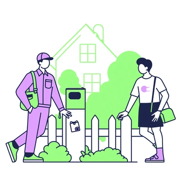 A postman is standing next to a mailbox while delivering mail. He is wearing a postal uniform, which includes a cap and a shirt, with a satchel slung over his shoulder. The postman is engaged in conversation with a neighbor who is leaning against a garden fence. The neighbor is wearing a casual outfit, featuring a t-shirt and shorts, with sunglasses perched on their head. In the background, there are green trees and a house with a well-kept garden. The sky above is clear, indicating a sunny day.