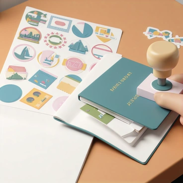 A close-up of a passport being stamped at a customs desk with various travel stickers in the background.