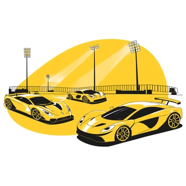 A group of sleek sports cars in a race, their forms appearing as black silhouettes against a bright background. The cars are positioned on a racetrack, with dynamic angles showcasing their aerodynamic shapes. In the foreground, two cars are close together, tires slightly skidding as they accelerate. The background features towering stadium lights casting a bright glow, illuminating the scene with stark contrasts. The excitement of the race is palpable, with the motion lines suggesting speed and competition.