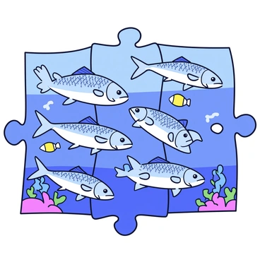 A colorful jigsaw puzzle depicting a scene of multiple herring swimming in the ocean. The herring are illustrated in shades of blue and silver, with some light reflections on their scales. The ocean background is a gradient of deep blue and turquoise, creating a sense of depth. Various pieces of the puzzle display seaweed and small fish around the herring, adding intricate details to the overall composition.