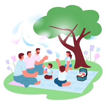 A family is gathered on a picnic blanket spread on the grass under a large, leafy tree. The parents are sitting on one side of the blanket, sharing a basket filled with various foods. Two children are playing nearby, tossing a frisbee back and forth. A colorful picnic basket is open next to the family, showing sandwiches, fruits, and drinks. Sunlight filters through the tree branches, creating patterns on the blanket and grass. In the background, there are blooming flowers and other park visitors enjoying the warm day.