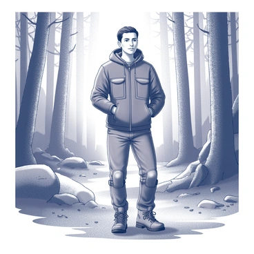 An outdoor adventure outfit with rugged textures, such as ripstop fabric and heavy-duty boots, in a forest setting.