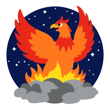 A fiery phoenix with vibrant red and orange feathers is emerging from a pile of gray ashes. The flames surrounding the phoenix are bright and illuminating, casting a warm glow against the dark night sky filled with twinkling stars. The wings of the phoenix are spread wide, showcasing intricate details of the feathers that appear to be flickering like fire. The scene captures the dynamic movement of the phoenix as it rises majestically from the ashes, with sparks flying around it, enhancing the dramatic effect of the moment.