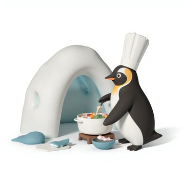 A penguin, wearing a tall white chef hat, stands on its flippers inside an igloo. The igloo has walls made of packed snow and ice, with a small window letting in a soft glow of light. The penguin is focused on stirring a bubbling pot of fish stew, which is placed on a small wooden stove. The pot is filled with colorful vegetables and chunks of fish. Around the penguin, there are various cooking utensils, including a ladle and a bowl, as well as fresh fish laid out on a nearby ice slab. The penguin looks content and determined as it prepares the meal.
