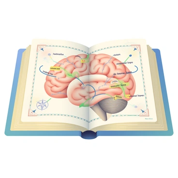 A vintage-style atlas mapping the human brain with labeled regions and pathways