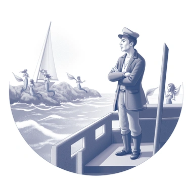 A sailor stands on the deck of a ship. He is dressed in traditional seafaring attire, with a weathered hat and a rugged coat, looking out towards the shore. His face shows a mixture of curiosity and distraction. In the distance, several mermaids are visible on the rocky shore, their hair flowing and their tails shimmering. They are singing, creating an enticing scene that captures the sailor’s attention. The ship has sails billowing in the wind, and the water is choppy, indicating a lively sea.