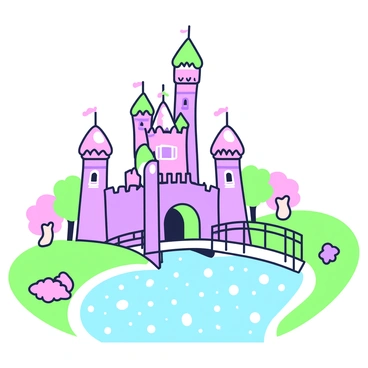 A large castle stands with several towers made of various types of candy, featuring a glossy exterior that mimics the appearance of sugary treats. The towers are topped with colorful candy decorations. Surrounding the castle, there is a wide moat filled with sparkling lemonade, which glimmers under the light. A drawbridge connects the castle to the grassy landscape, and candy-themed trees and shrubs are planted along the banks of the moat. The scene is vibrant and inviting, with a cheerful atmosphere.