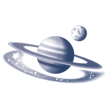 A large planet occupies the center of the image, showcasing its textured surface and distinct features such as rings or varying terrains. A moon is depicted orbiting the planet in a clear path, with details of craters and shadows enhancing its surface. In the background, a spiral galaxy is visible, with its arms flowing gracefully and filled with numerous stars. The scene is illuminated by the light of the planet and moon, creating a contrast against the vastness of space.