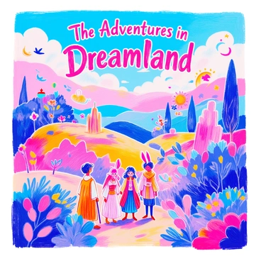 A book cover displays a vibrant fantastical landscape filled with rolling hills, towering trees, and whimsical rock formations. In the foreground, a group of diverse characters stands together. One character is a tall figure wearing a flowing cloak, while another is a small creature with large ears and bright, expressive eyes. The sky above is a gradient of colors, transitioning from deep blue to soft pink, and is dotted with clouds shaped like various fantastical creatures. Each character is adorned with unique clothing and accessories that reflect their personalities. The title of the book, displayed prominently at the top, reads "The Adventures in Dreamland" in bold, playful letters.