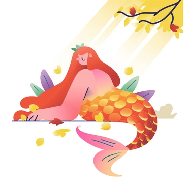 A mermaid with long, flowing hair in shades of auburn is resting among fallen leaves on the forest floor. Her scales shimmer in vibrant hues of orange, gold, and deep red, reflecting the colors of autumn. The leaves, scattered around her, include various shades of yellow, brown, and rust. The mermaid's tail is gracefully positioned, with delicate fins that blend seamlessly into the surrounding foliage. Sunlight filters through the tree branches above, casting gentle light onto the scene, enhancing the warm colors of the mermaid and the leaves.