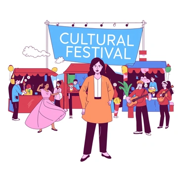 An orange event planner is standing in front of a large blue banner that reads "Cultural Festival" in bold letters. Surrounding her are several vibrant booths, each adorned with colorful decorations representing various cultures. Performers in traditional attire, including a pink dancer in a flowing dress and a red musician playing a guitar, are entertaining the crowd. There are people of diverse backgrounds enjoying the festivities, and the atmosphere is lively with various activities happening around the planner.