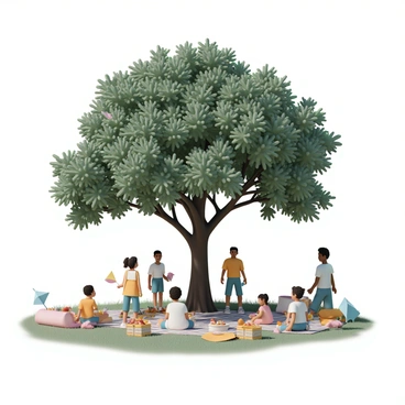 A diverse group of families is gathered for a picnic under a large oak tree. The tree's thick branches provide ample shade, while its green leaves rustle gently in the breeze. Several picnic blankets are spread across the grass, with vibrant food baskets and plates filled with sandwiches, fruits, and snacks placed on them. Children are playing nearby, some chasing each other with colorful kites, while others are sitting on the grass, laughing and sharing stories. Adults are seated on the blankets, engaging in conversation, with a couple of them pouring drinks from a thermos. Sunlight filters through the leaves, creating dappled patterns on the ground.