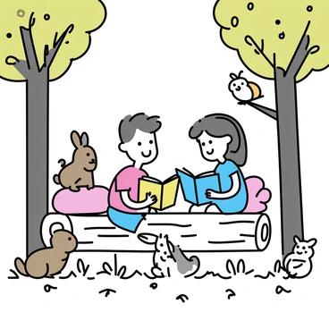 A cozy reading nook constructed from logs and soft cushions, nestled among tall trees in a lush green forest. Two children, a boy wearing a red t-shirt and shorts and a girl in a light blue dress, are seated on the cushions. They are surrounded by curious animals including a small brown rabbit, a fluffy squirrel, and a wise owl perched on a nearby branch. The children are holding colorful storybooks, sharing tales with the attentive animals. Sunlight filters through the leaves, creating dappled patterns on the ground.