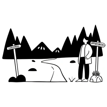 A person standing confidently at a crossroads, with one path leading into a dark forest and the other toward a mountain range. The figure is dressed in a long coat, with one hand resting on a walking stick. There are signposts on either side, one pointing left labeled "Challenges" and the other pointing right labeled "Opportunities." The ground is uneven, with rocks and roots visible, symbolizing the obstacles faced in decision-making. The atmosphere conveys a sense of determination and resolve.