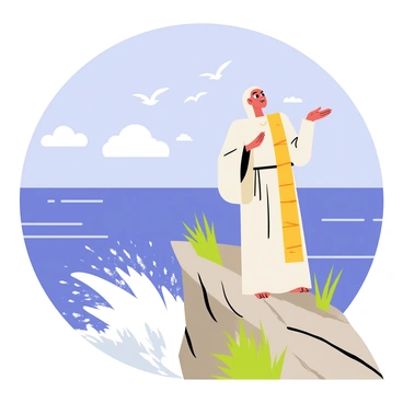 A saint with a long, flowing robe in soft shades of white and gold stands on a rocky cliff. The saint has long hair and a serene expression, gazing thoughtfully towards the vast, blue sea below. Waves crash against the rocks, splashing white foam. The sky above is a bright blue with a few fluffy white clouds scattered across it. The cliff is rugged, with patches of green grass peeking through the stones. Seagulls can be seen flying in the distance, adding to the peaceful coastal scene.