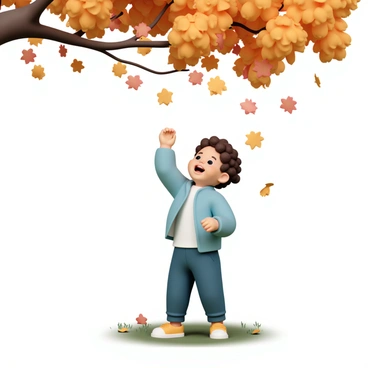 A toddler, wearing a light blue jacket, a white shirt, and navy pants, is standing on a grassy area. The child has curly brown hair and a big smile on their face. Bright orange, yellow, and red leaves are gently falling from a large tree overhead. The scene captures the moment as the toddler reaches up with one hand, trying to catch the leaves, while the other hand is clenched in a fist, radiating excitement. The background features more trees with colorful autumn foliage and a few scattered leaves on the ground.