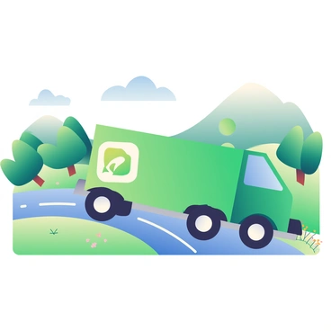 An eco-friendly electric transport truck is driving along a winding road in a lush green landscape. The truck is painted in a vibrant shade of green with a sleek, modern design, highlighting its environmentally friendly features. On the left side of the truck, there is a large logo displaying a leaf symbol, indicating its sustainable nature. Surrounding the truck, rolling hills with dense trees and patches of wildflowers are visible, creating a serene backdrop. The sky above is clear with a few fluffy white clouds, enhancing the feeling of a fresh, sunny day.