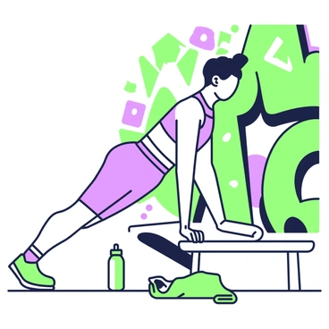 A fitness enthusiast is performing incline push-ups against a wall covered in vibrant graffiti. The individual, dressed in a fitted athletic shirt and shorts, is positioned on an elevated surface, such as a sturdy bench, with their hands placed firmly on the edge. Their body is in a straight line, emphasizing core engagement and strength. The graffiti wall features various geometric shapes and abstract patterns. Bright hues create a dynamic backdrop, enhancing the scene's energy. In the foreground, a water bottle and a towel are placed on the ground, indicating a workout in progress.