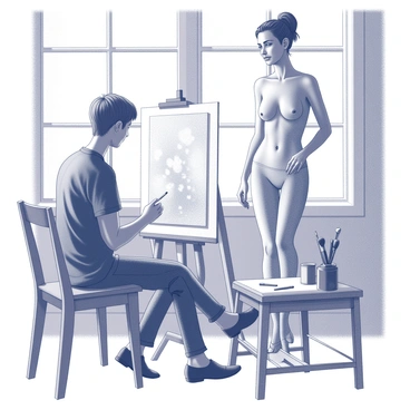 An art student sitting at an easel, focused on sketching a live model of a woman. The student is holding a pencil in one hand, with sketch paper placed on the easel in front. The model is standing gracefully, posing with one hand on her hip, while the other hand gently rests at her side. The studio is filled with natural light streaming in through large windows, illuminating the scene and casting soft shadows. Various art supplies, including charcoal and brushes, are scattered on a nearby table, contributing to the creative atmosphere.