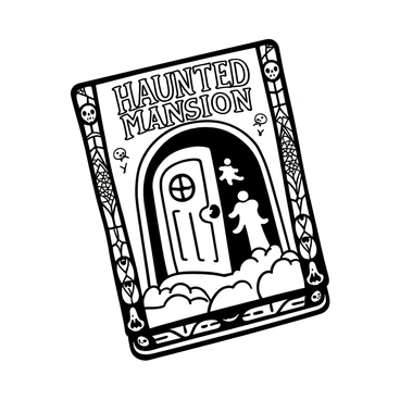 A matchbook with the words "Haunted Mansion" printed in an ornate, vintage font. The cover of the matchbook features a detailed illustration of an old, creaky door slightly ajar, hinting at the dark interior of the mansion. Ghostly figures are subtly emerging from behind the door, their forms wispy and ethereal. The background of the matchbook has intricate designs of cobwebs and bats. The edges of the matchbook are decorated with a pattern of skulls and haunted trees.