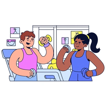A gym setting with bright, cheerful colors. In the foreground, two friends are engaged in a bicep curl challenge. The first friend, a person with short brown hair, is wearing a red tank top and holding a dumbbell in one hand, flexing their bicep proudly. The second friend, a person with long black hair in a ponytail, is wearing a blue tank top and is also lifting a dumbbell, looking focused and determined. In the background, gym equipment such as benches and weights can be seen, along with a few colorful posters on the walls. There is a lively atmosphere, showcasing camaraderie and friendly competition.