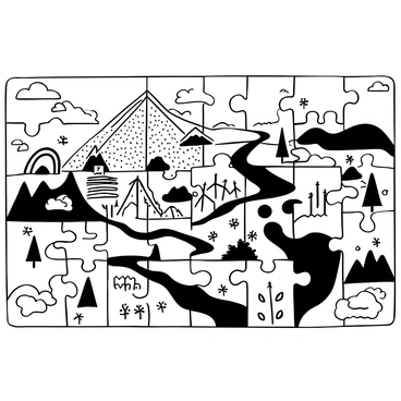 A large, intricate landscape illustrated as a puzzle, with each piece displaying a unique pattern or texture. The puzzle pieces are interlocked, showcasing various elements such as mountains, forests, rivers, and fields, each depicted in a detailed manner. The entire composition is presented with clear lines, emphasizing the boundaries between the puzzle pieces. Some pieces reflect geometric designs, while others depict organic shapes, creating a visually engaging contrast across the landscape.