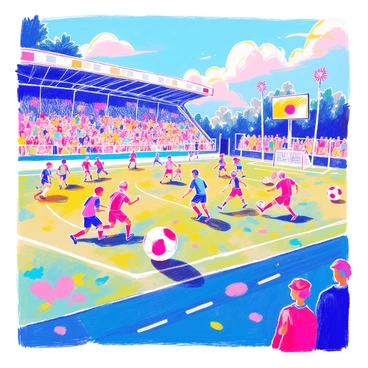 A sports field is set up for a friendly match, featuring two teams of players in colorful uniforms. The players are actively engaged in a game, kicking and passing large, round balls that have a distinct design resembling a playful theme. One team is wearing blue jerseys, while the other is in red, creating a vibrant contrast. Spectators are gathered along the sidelines, enjoying the energetic atmosphere. The sun shines brightly overhead, casting shadows on the grassy field where the players run and dive for the balls.