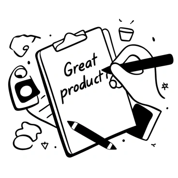 A close-up of a hand holding a pen, writing the words "Great product!" on a notepad. The notepad is placed on a surface, with some sheets of paper slightly crumpled nearby. Surrounding the notepad are various views of the product, showcasing its features. There are also small decorative elements, such as a coffee cup and a pair of reading glasses, placed around the product, adding to the scene.