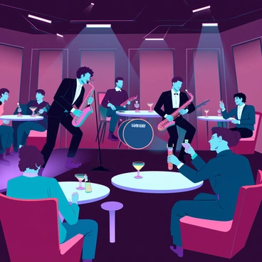 A cozy jazz club with warm, dim lighting. The interior features dark wooden panels and plush red seating. A small band consisting of a saxophonist, a bassist, and a drummer is performing on a small stage. The saxophonist has curly hair and is wearing a black suit, passionately playing into the microphone. The audience, a diverse group of people, is seated at round tables, all focused on the performance. Glasses of wine and cocktails are placed on the tables, and some people are gently swaying to the rhythm of the music. The atmosphere feels intimate and vibrant, capturing the essence of a lively jazz night.